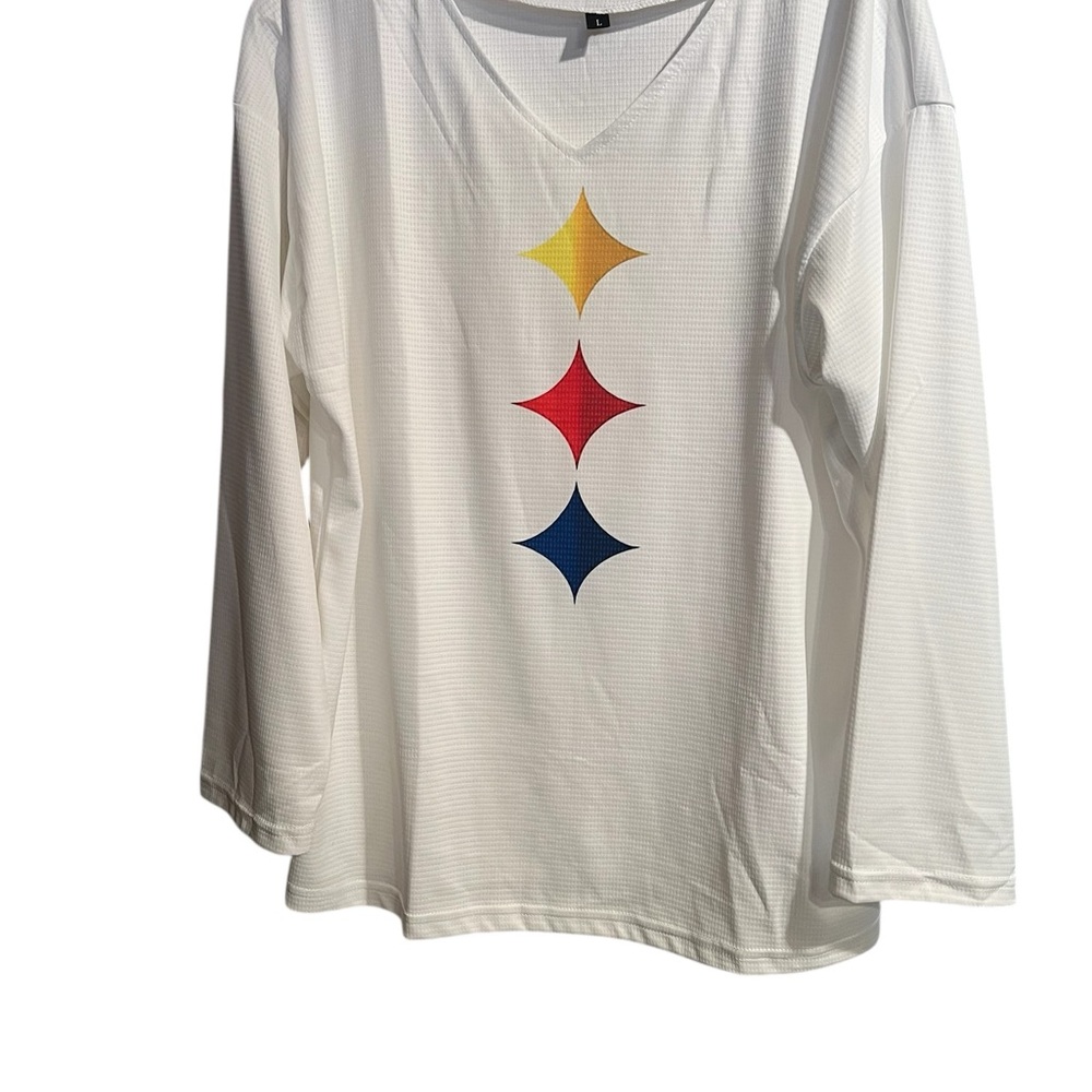 White Long Sleeve Women’s Steelers Shirt with Colorful Star Design
